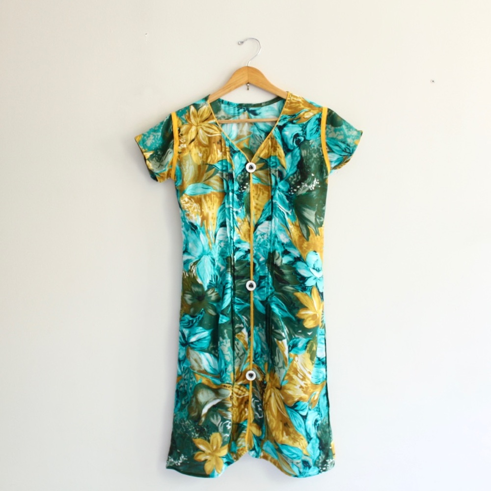 80s Vintage Hawaiian Shirt Dress – Turquoise & Gold – Size M